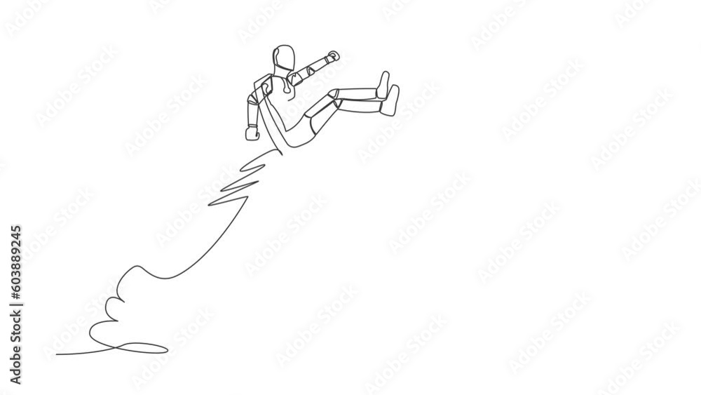 Poster self drawing animation of single line draw robot riding office chair rocket flying in sky. boost car