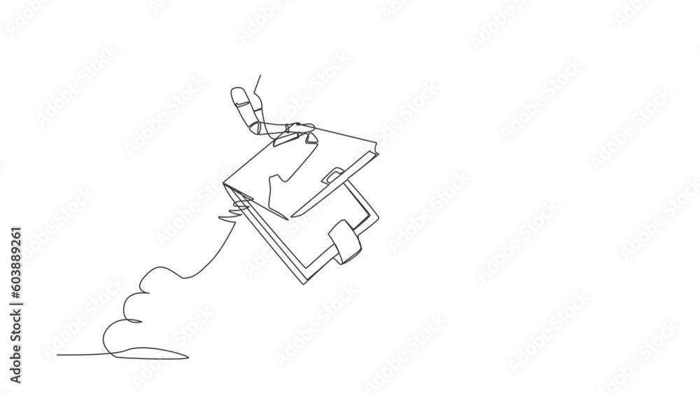 Poster animated self drawing of continuous line draw robot riding wallet rocket flying in the sky. financia