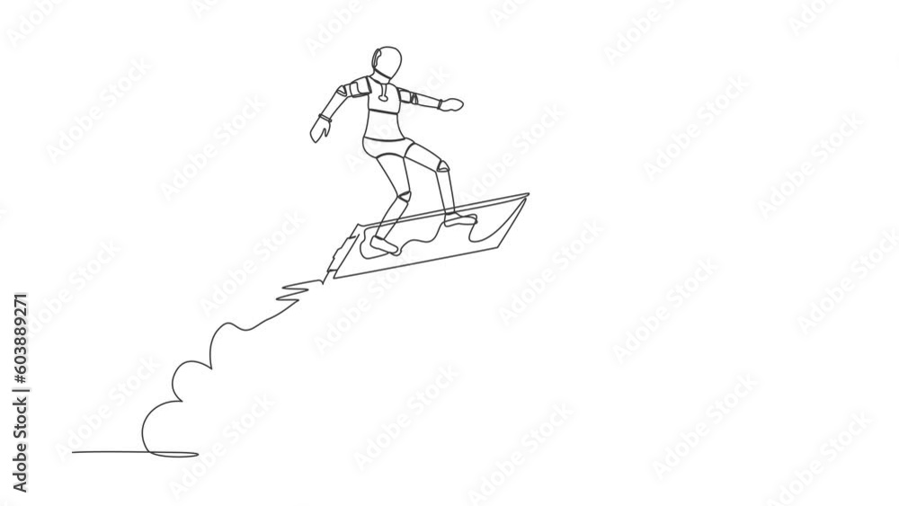 Poster animated self drawing of continuous line draw robot riding clipboard rocket flying in the sky. analy