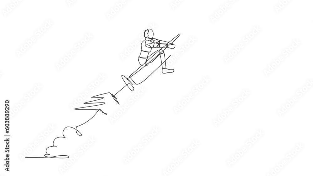 Poster animated self drawing of continuous line draw robot riding syringe rocket flying in the sky. boostin