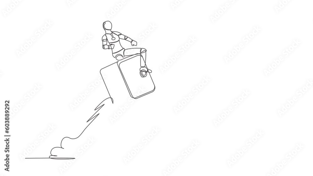 Poster animated self drawing of continuous line draw robot riding safe deposit box rocket flying in the sky