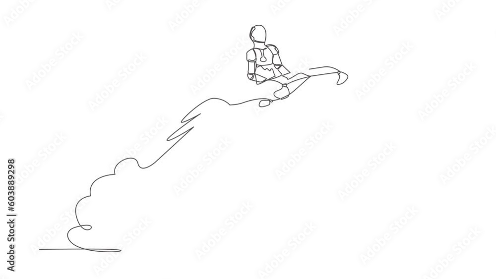 Poster self drawing animation of single line draw robot riding magic carpet rocket flying in the sky. tech 