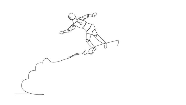 Animated self drawing of continuous line draw robot riding surfing board rocket flying in sky. Future technology development. Artificial intelligence machine learning. Full length one line animation
