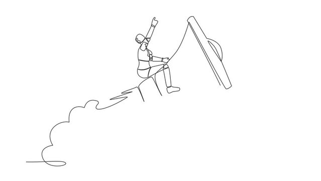 Animated self drawing of continuous line draw of robot riding megaphone rocket flying in sky. Soft skill to communicate with team. Humanoid robot cybernetic organism. Full length single line animation