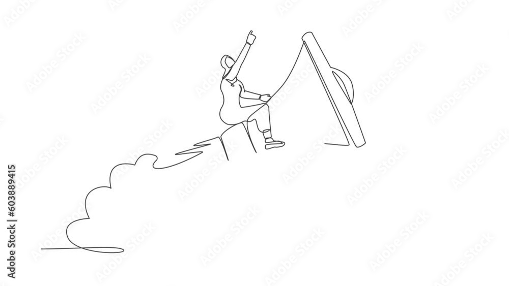 Poster animated self drawing of continuous line draw arab businesswoman riding megaphone rocket flying in t