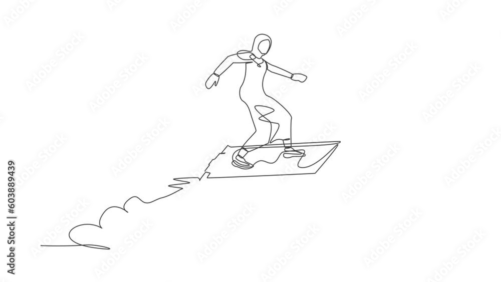 Poster animated self drawing of continuous line draw arabian businesswoman riding clipboard rocket flying i