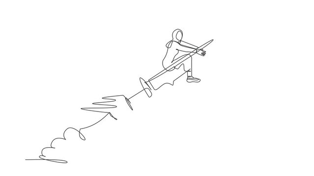 Animated self drawing of continuous line draw Arab businesswoman riding syringe rocket flying in sky. Vaccination against COVID-19. Fighting to eliminate coronavirus. Full length one line animation