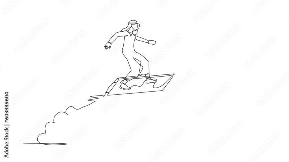 Aufkleber animated self drawing of continuous line draw arabian businessman riding clipboard rocket flying in 