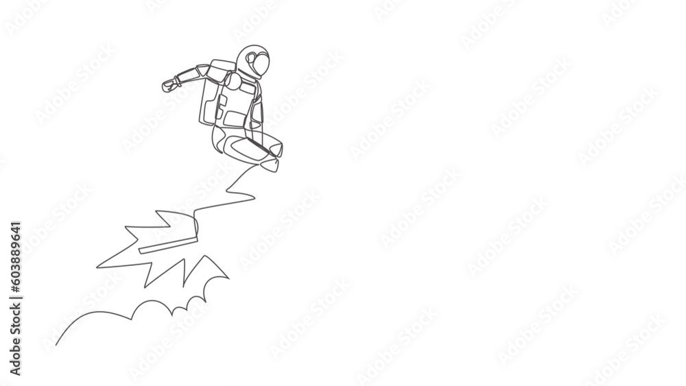 Poster animated self drawing of continuous line draw young astronaut standing astride rocket and flying thr