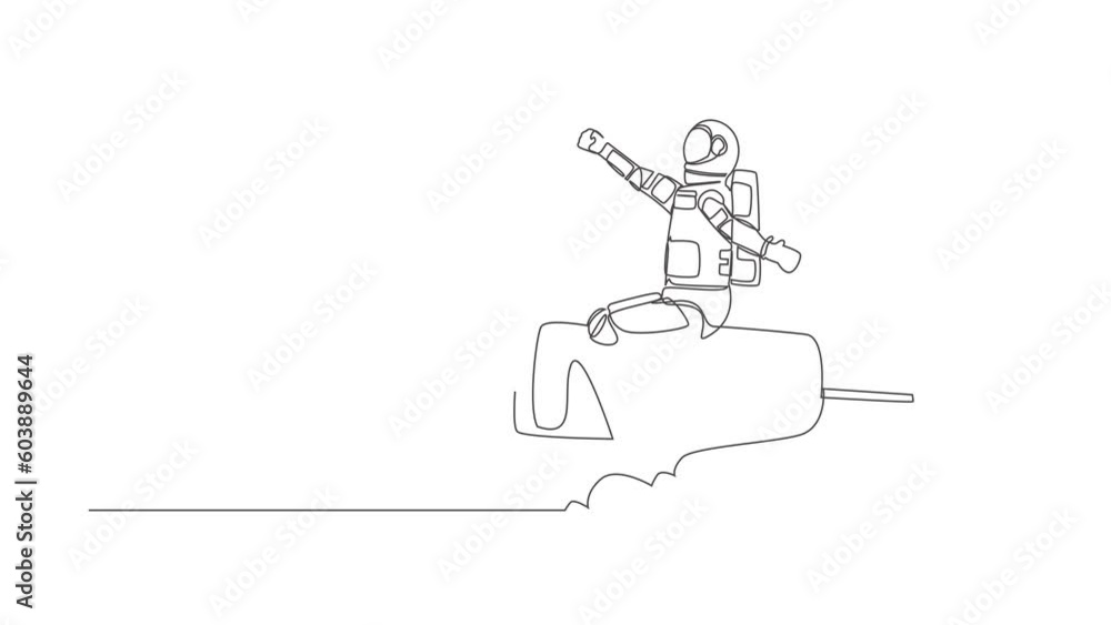Poster self drawing animation of single one line draw astronaut flying high riding firework rocket in moon.