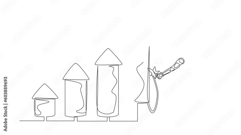 Poster animated self drawing of continuous line draw astronaut ignite firework rocket bar graph to increase