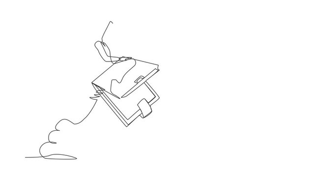 Animated self drawing of continuous line draw Arab businessman riding wallet rocket flying in sky. Achievements in financial activities. Prosperous entrepreneur. Full length single line animation