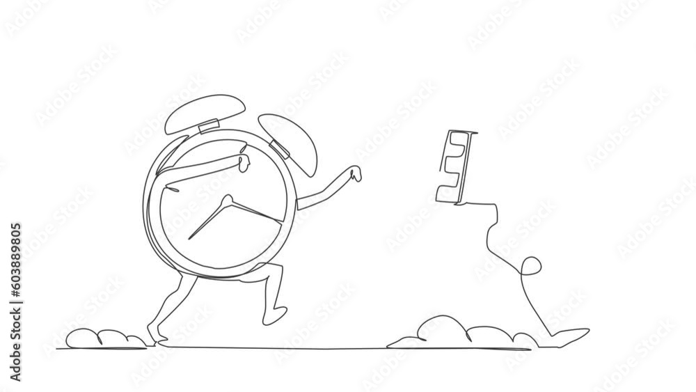 Poster animated self drawing of continuous line draw astronaut being chased by alarm clock. hurry in expedi