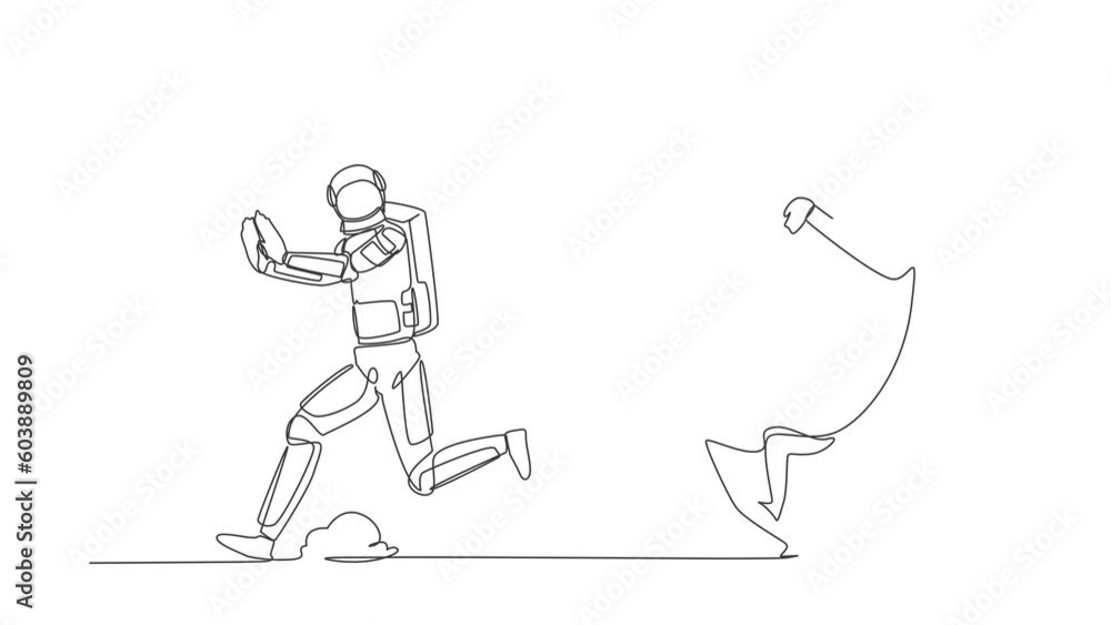 Poster self drawing animation of single line draw astronaut being chased by time. afraid with spaceship exp