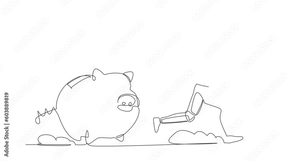 Poster self drawing animation of single line draw astronaut being chased by piggy bank. economic crash due 