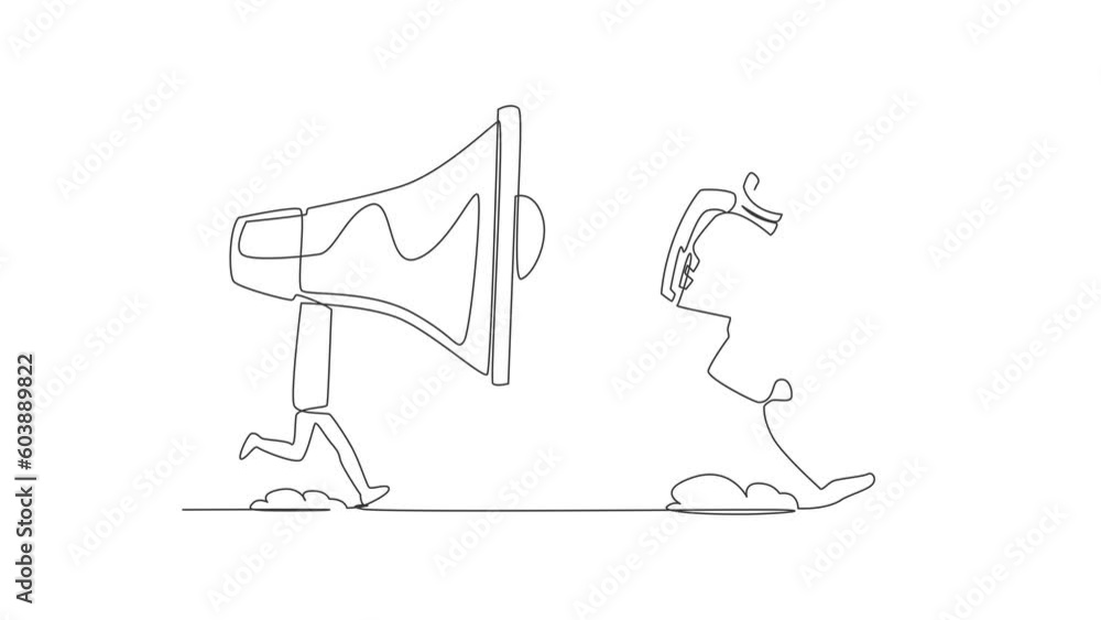Poster animated self drawing of continuous line draw astronaut being chased by megaphone. spaceman in loud 