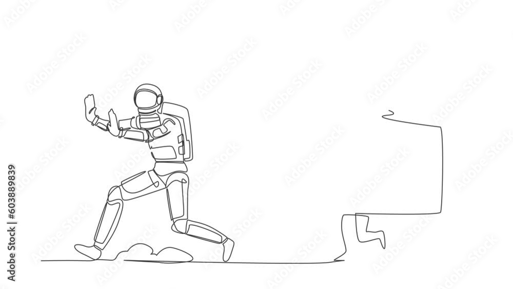 Poster self drawing animation of single line draw astronaut being chased by house in moon. afraid with incr