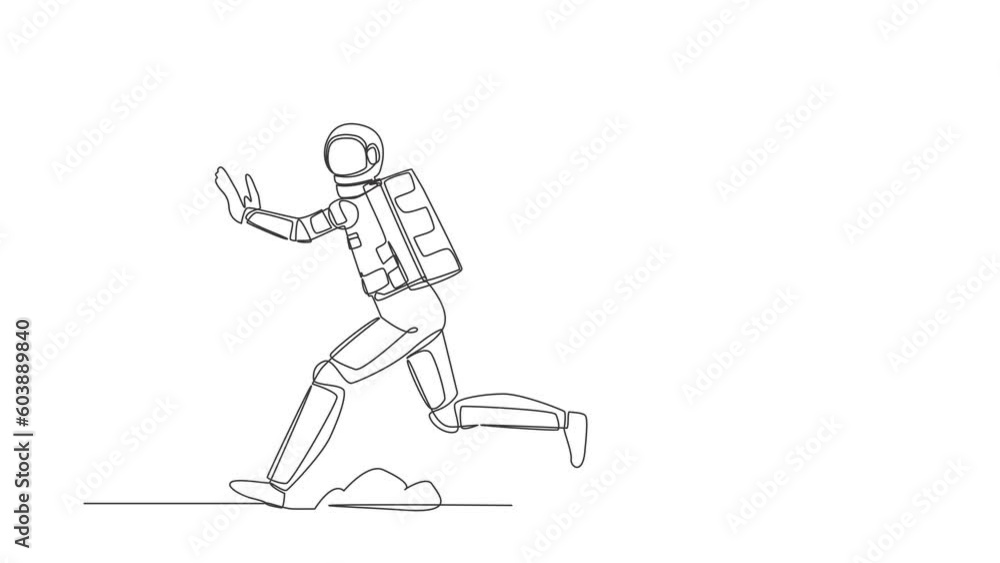 Poster animated self drawing of continuous line draw young astronaut being chased by stopwatch. afraid in p