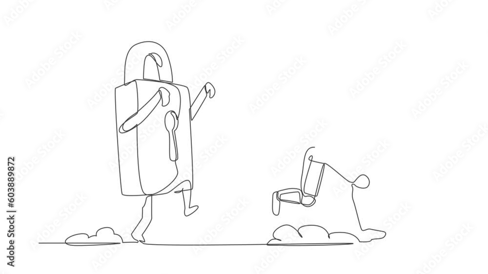 Poster animated self drawing of continuous line draw astronaut being chased by padlock. afraid with spacesh