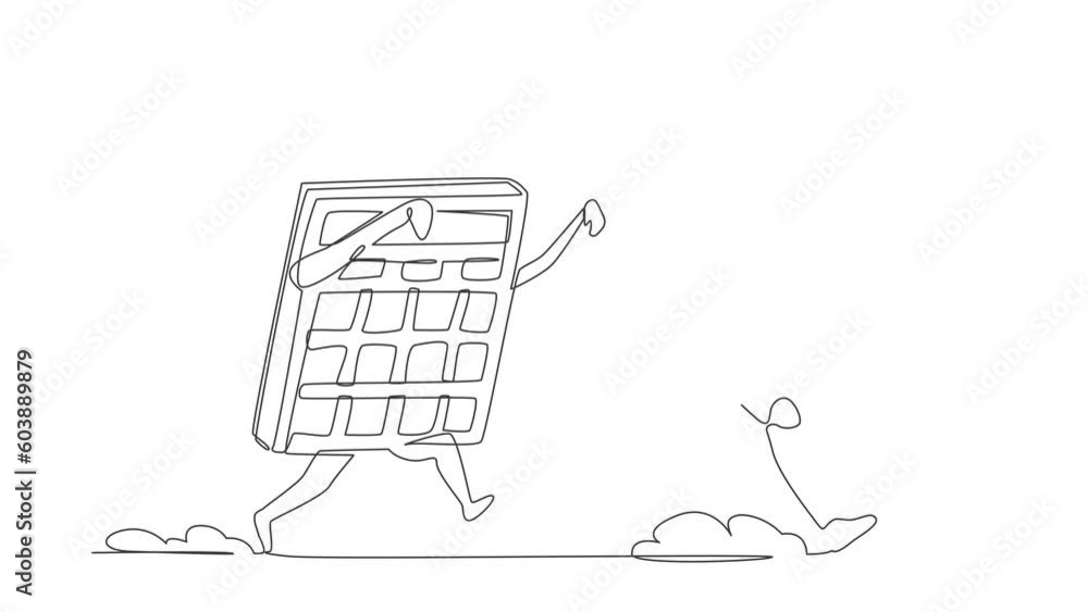 Poster self drawing animation of single line draw astronaut being chased by calculator. difficult in calcul