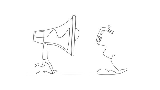 Animated self drawing of continuous line draw astronaut being chased by megaphone. Spaceman in loud screaming for mass communication in universe. Cosmonaut deep space. Full length one line animation