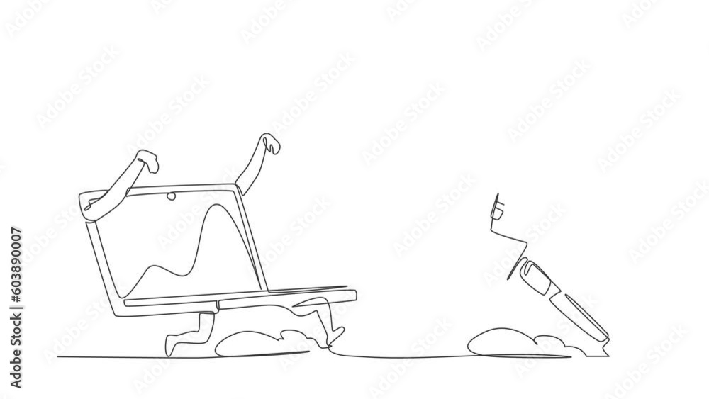 Poster animated self drawing of single continuous line draw astronaut being chased by laptop. spaceman in s