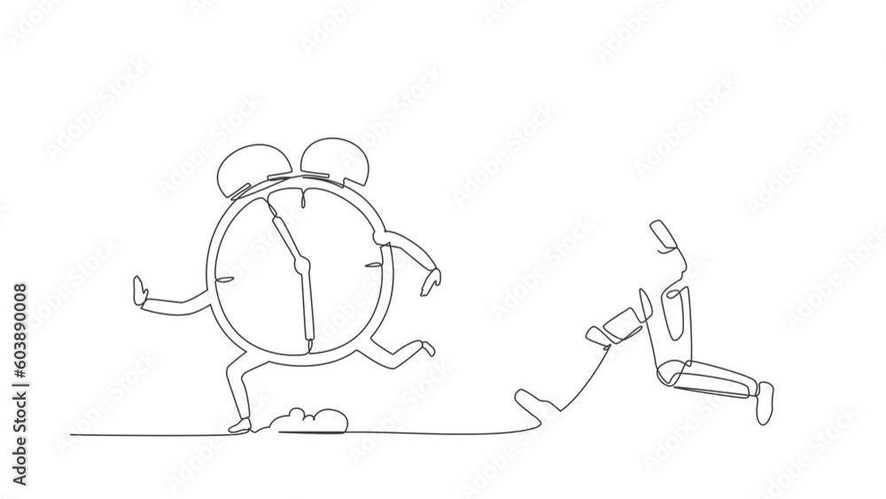 Poster animated self drawing of continuous line draw of astronaut run chasing alarm clock in moon surface. 