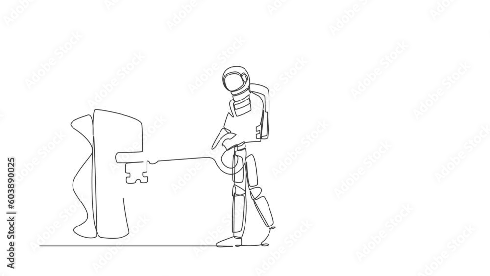 Poster animated self drawing of continuous line draw young astronaut putting big key into padlock. space co