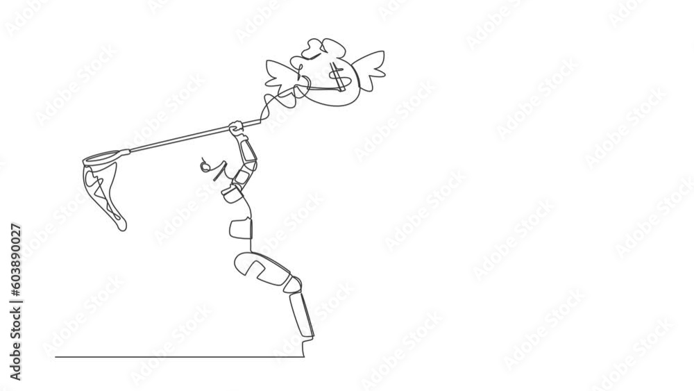 Poster animated self drawing of continuous line draw of astronaut try to catch flying money bag with net. a