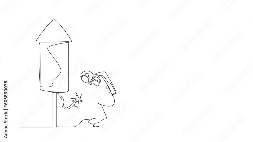 Poster self drawing animation of single line draw astronaut launching firework rocket. grow spaceship busin