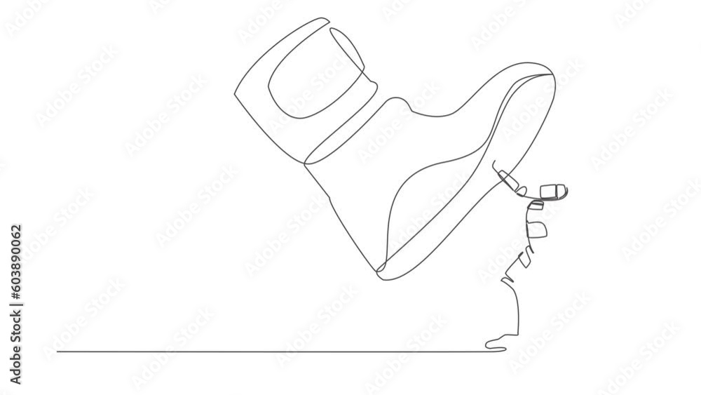 Poster self drawing animation of single one line draw astronaut against giant shoes stomping. spaceman push
