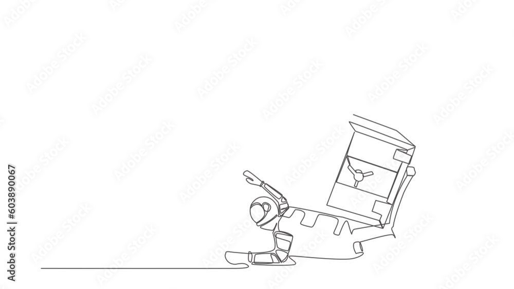 Poster animated self drawing of continuous line draw astronaut under safe deposit box burden. impact in pan