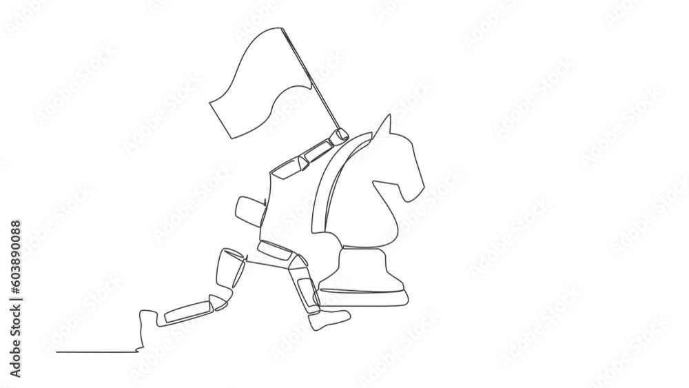 Aufkleber animated self drawing of continuous one line draw astronaut running holding flag beside horse chess 