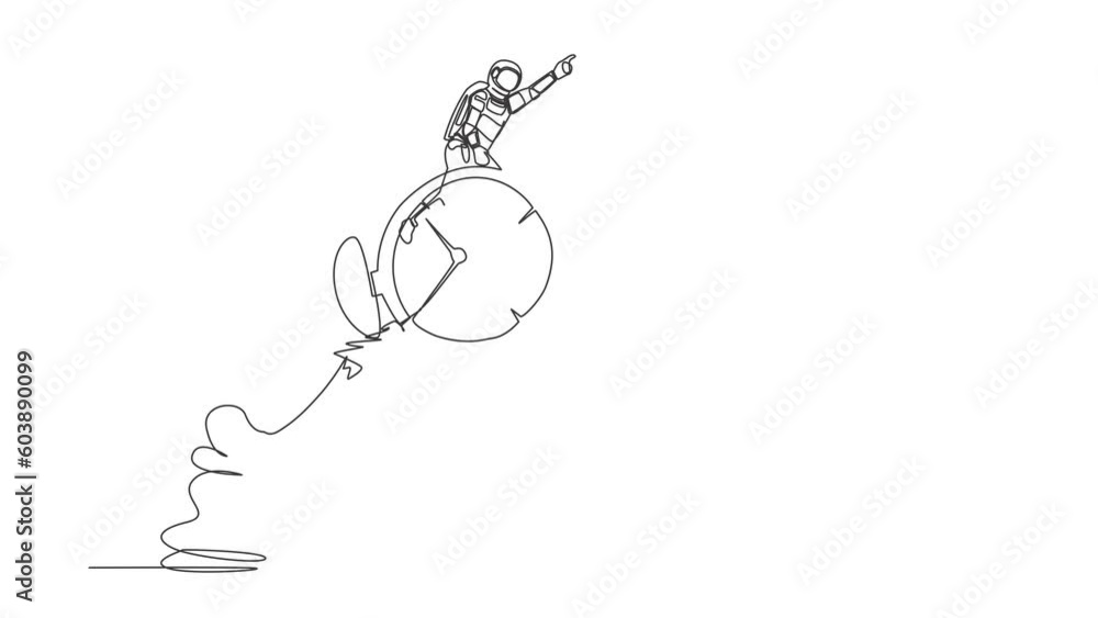 Poster animated self drawing of continuous line draw astronaut riding alarm clock rocket flying in moon sur