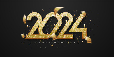 Happy new year 2024 number. With luxury shiny gold glitter. Premium design vector for happy new year banner, poster greeting and celebration.