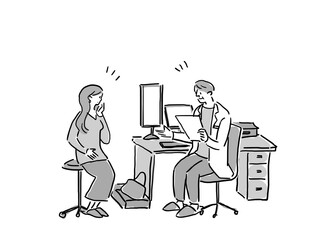 診察室で医師と会話をする女性（モノクロ）