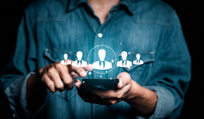 Businessman pressing icon on employment network,Human resources, HR management, recruitment, HR Group, Customer Care, Employee Care, Recruitment Agency, employment concept.