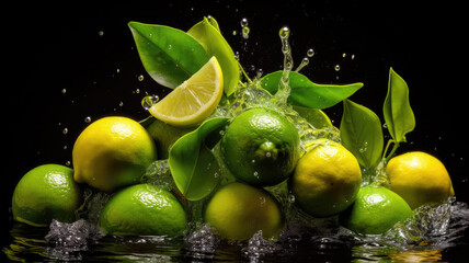 Green Lemons, citrus aurantifolia, Fruits falling into Water against Black Background