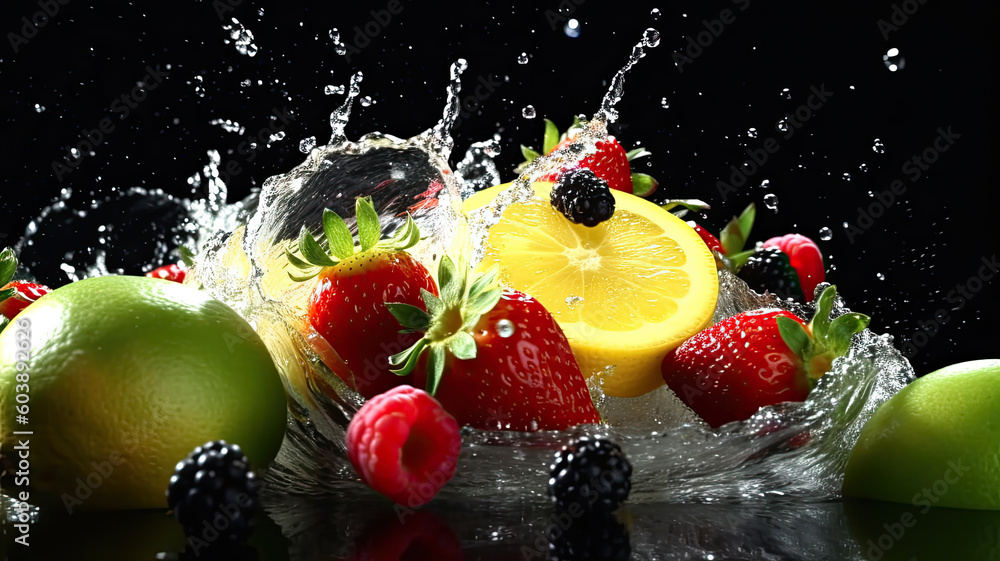 Wall mural sliced fruits hitting in the air with water splashes