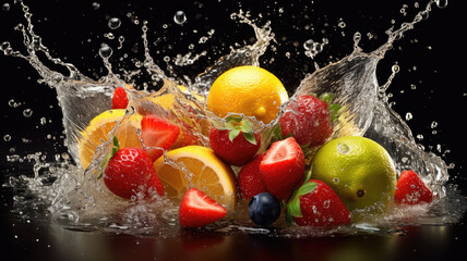 Fototapeta na wymiar sliced fruits hitting in the air with water splashes