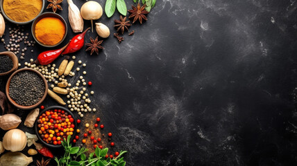 Fototapeta na wymiar Herbs and spices over black stone background