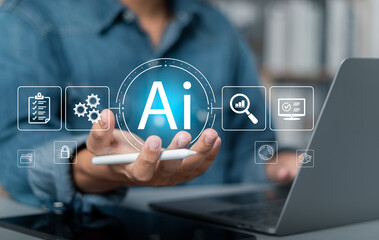 AI concept. Businessman working with artificial intelligence (AI) in futuristic business and...