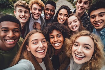 Multiracial young group of happy people taking selfie portrait - Millennial diverse friends laughing and having fun together.