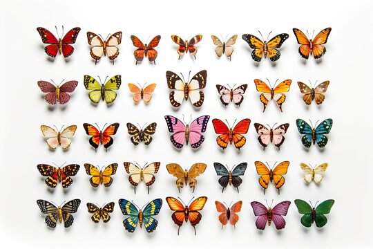 Stuffed insects Butterfly collection set on white background. Generative AI technology.