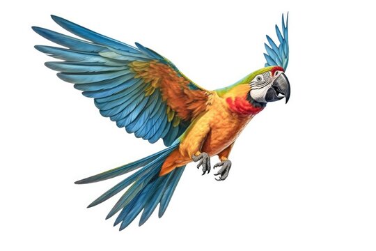 Colorful flying parrot isolated on white. Generative AI technology.