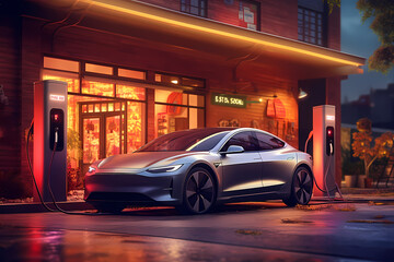 Electric Car next to a charging station at night in the city - Generative AI