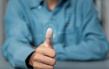 Biometric identity fingerprint scanner for personal financial access, digital application security, cyber security concept.
