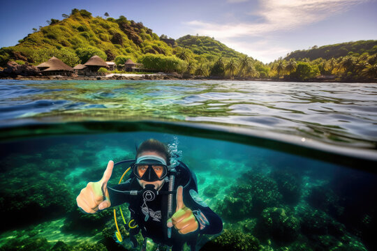 Fiji Island Scuba Snorkeling Diving in Paradise with Beaches and Tropics in the Pacific Ocean, Stunning Scenic Seascape Wallpaper, Coral Reef and Marine Life, Generative AI
