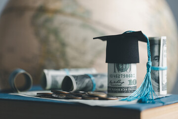 Graduation cap with Earth globe. Concept of global business study, abroad educational, Back to School. Education in Global world, Study abroad business in universities in worldwide. language study