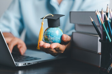 Graduation cap with Earth globe. Concept of global business study, abroad educational, Back to...